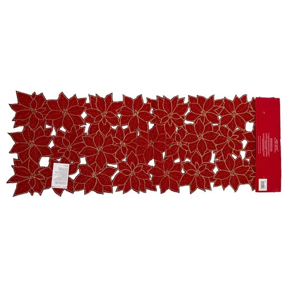Elrene Poinsettia Cut Work Embroidery Red Gold Centerpiece Table Runner 13" x 36 - Picture 3 of 9